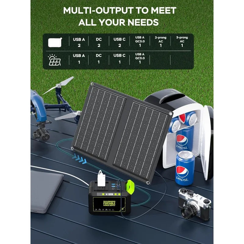 Camping Solar Generator 88Wh Portable Power Station 120W Peak Generator with Solar Panel Included 21W, AC, DC, USB QC3.0,